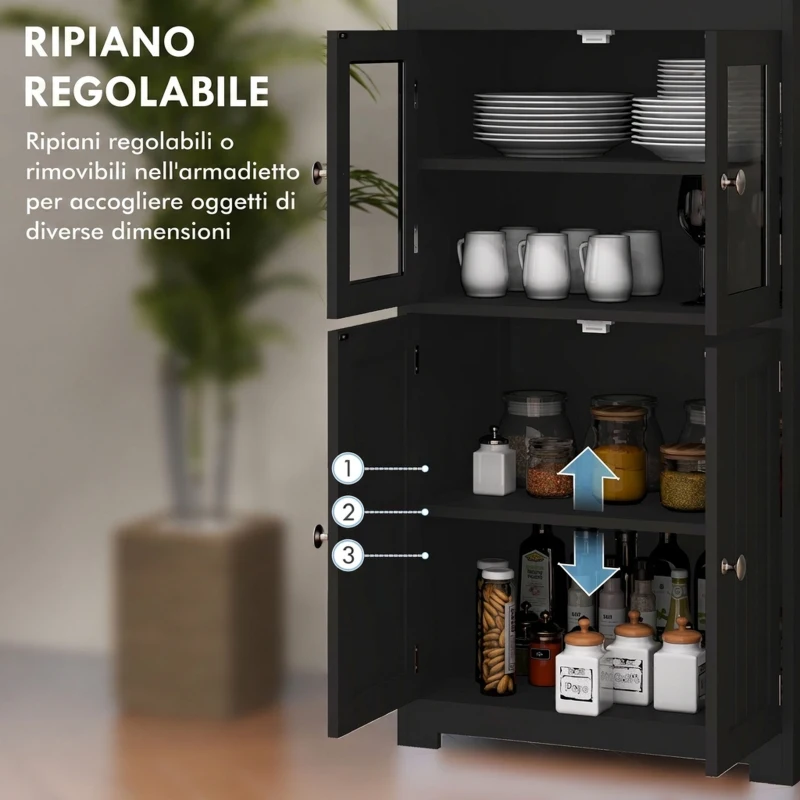 HOMCOM Credenza Cucina con 2 Ripiani Aperti e 2 Armadietti con Ante, Mobile Cucina in MDF e Vetro Temperato