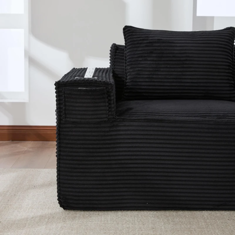 Modulares Doppelsitz-Cordsofa mit Becherhaltern und Seitentaschen, Federkern und hochdichtem Schaumstoff, 188L x 90B x 75H cm, Schwarz