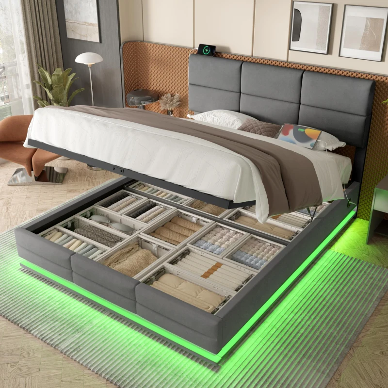 Das samtgepolsterte Bett misst 180 x 200 cm, verfügt über verstellbare Kopfteilhöhe, LED-Beleuchtung und XXL-Stauraum. Es ist ohne Matratze erhältlich, mit den Gesamtmaßen 182 cm x 206 cm x (105-110-115 cm), Dunkelgrau