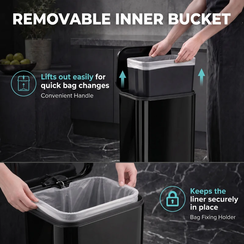 HOMCOM 20 L Kitchen Pedal Bin, Metal Rubbish Bin with Removable Inner Bucket, Soft-Close & Stay-Open Lid, High Gloss Black