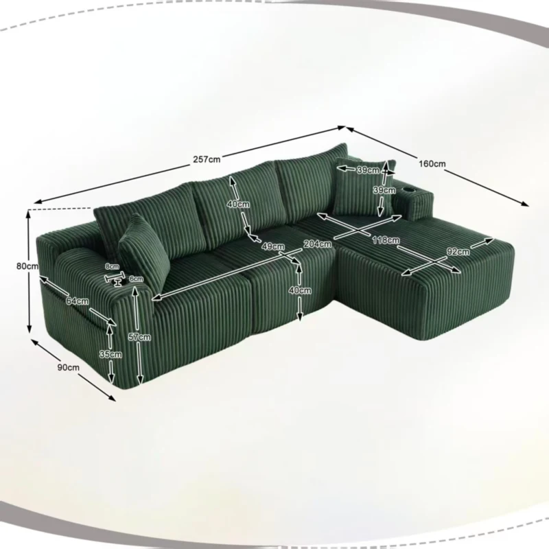Modulares Sofaset mit Liegestühlen und Doppelbetten, 5 Kissen und 2 Getränkehaltern，257X160X62 cm, Smaragdgrün