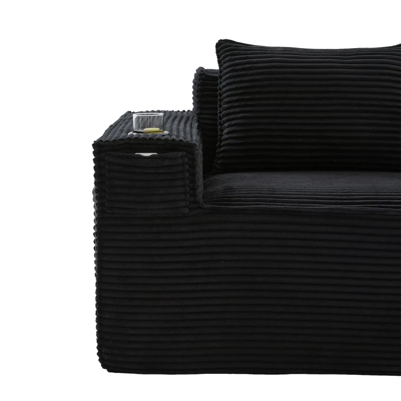 Modulares Doppelsitz-Cordsofa mit Becherhaltern und Seitentaschen, Federkern und hochdichtem Schaumstoff, 188L x 90B x 75H cm, Schwarz