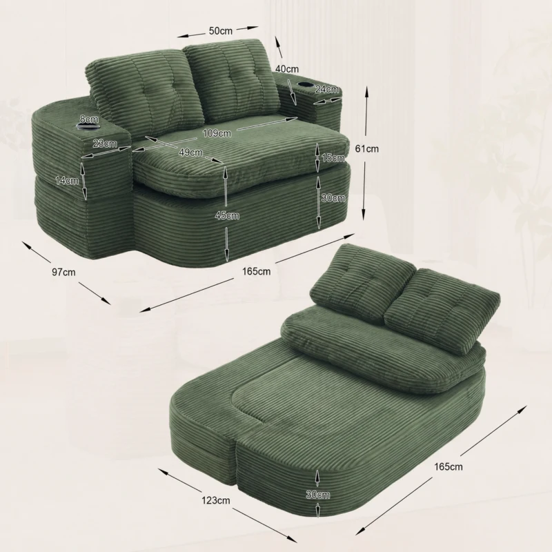 2-in-1 Cordsofa mit verstellbarer Funktion, 2 Getränkehaltern, hohe Rückenlehne und extra tiefe Sitzfläche, 165L x 97B x 61H cm, Smaragdgrün