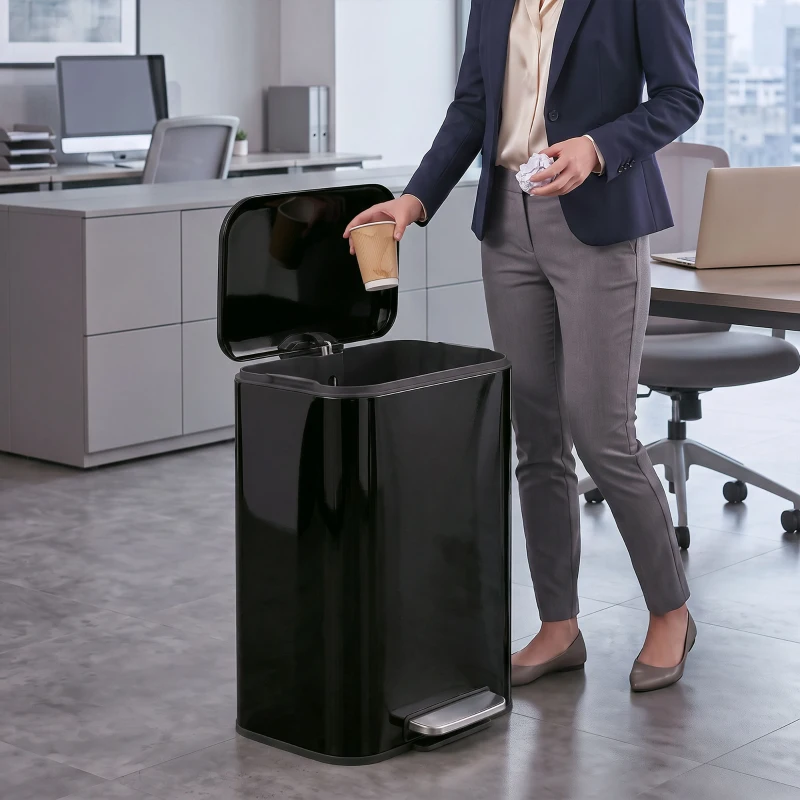 HOMCOM 50 L Kitchen Pedal Bin, Metal Rubbish Bin with Removable Inner Bucket, Soft-Close & Stay-Open Lid, High Gloss Black