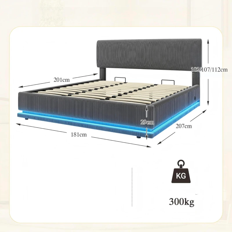 Modernes, gepolstertes Bett misst 180 x 200 cm, ausgestattet mit LED-Lichtern und USB-C-Lade, verstellbarer Kopfteilhöhe, stabilem gestreiftem Bettrahmen, 181L x 207B x 102/107/112H cm, Dunkelgrau
