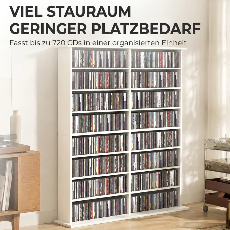 HOMCOM Medienregal, 8 Ebenen, DVD-Regal mit 12 verstellbaren Böden, 16 Fächer, für 720 CDs, Weiß