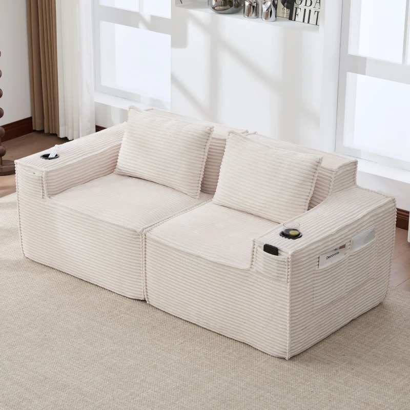 Modulares Doppelsitz-Cordsofa mit Becherhaltern und Seitentaschen, Federkern und hochdichtem Schaumstoff, 188L x 90B x 75H cm, Beige