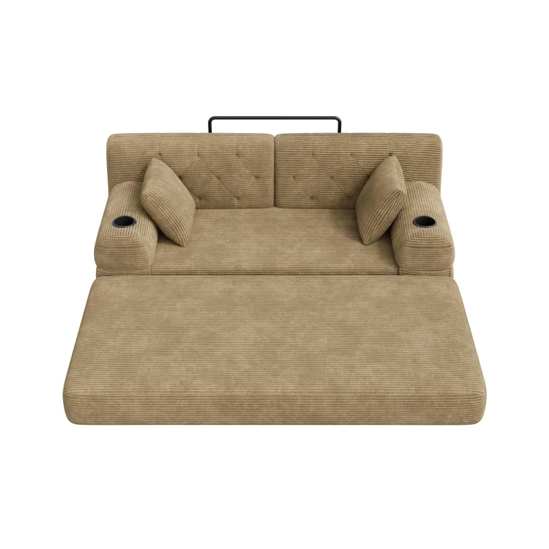 Doppeltes komprimiertes Cordsofa, Metallrahmen, 2 Becherhalter und 4 Seitentaschen, 168L x 80B x 81H cm, Khaki