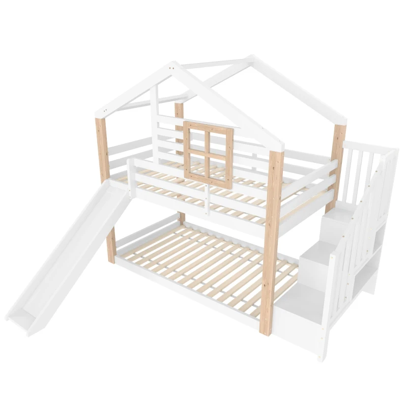Kinderbett mit Rutsche und Treppe, ausgestattet mit Handläufen und Stauraum, 252L x 96B x 206H cm, Weiß