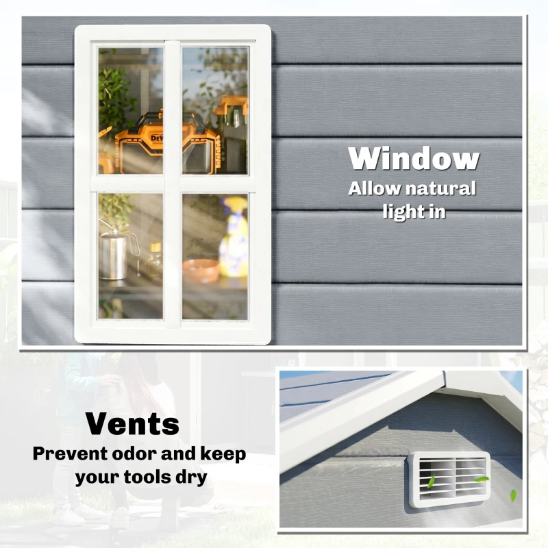 Outsunny 6x4.5ft Garden Storage Shed, Lockable Shed for Small Terraced Gardens with Double Doors, Window, Vent and Plastic Roof, Low Maintenance, Grey