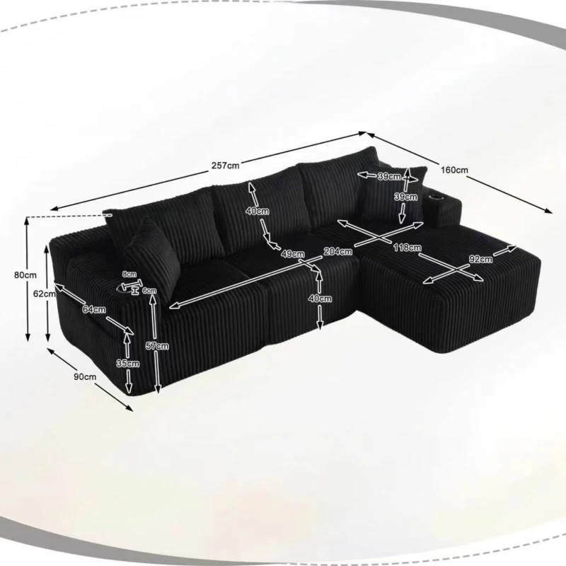 Modulares Sofaset mit Liegestühlen und Doppelbetten, 5 Kissen und 2 Getränkehaltern， 257X160X62 cm, Schwarz