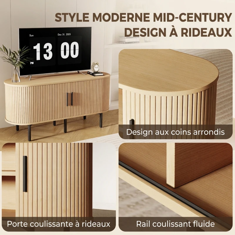 HOMCOM Meuble TV 106 cm, Meuble Télé pour 50 Pouces, 2 Portes Coulissantes à Tambour 4 Compartiments Étagères Réglables, Chêne