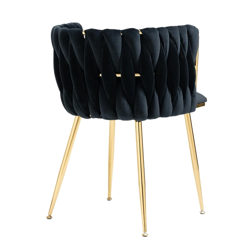 Samt-Esssessel mit goldenen Metallbeinen, elegantes handgewebtes Design, 55,5x41x74 cm, Schwarz