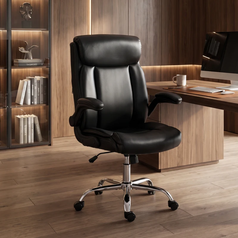 HOMCOM Chaise Bureau Ergonomique avec Accoudoirs Relevables, Fauteuil de Bureau en PU, Hauteur Réglable, Fonction Bascule, Noir