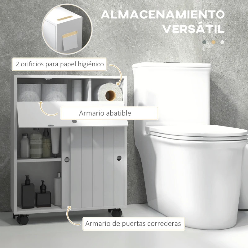 kleankin Armario de Baño Mueble Auxiliar con 4 Ruedas 2 Agujeros para Papel 2 Armarios y Estantes Ajustables 52x17x67 cm Blanco