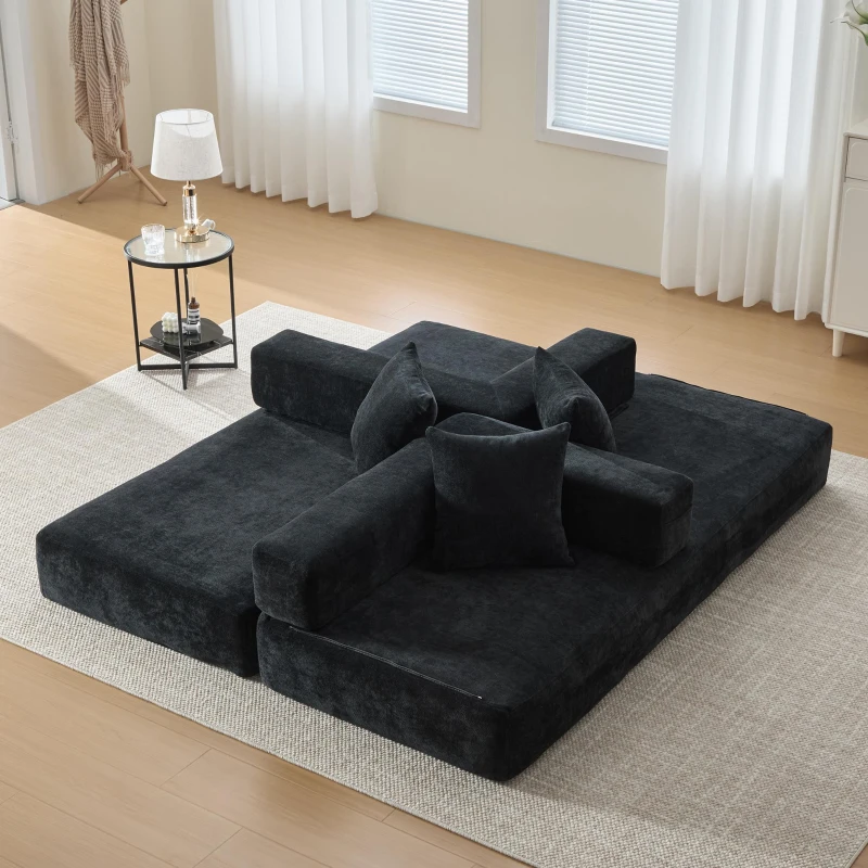 Modulares Chenille-Block-Sofa, frei kombinierbar, mit Seitentaschen zur Verstauung und rutschfestem Fahrgestell, Maße 198L x 79B x 60H cm, Schwarz