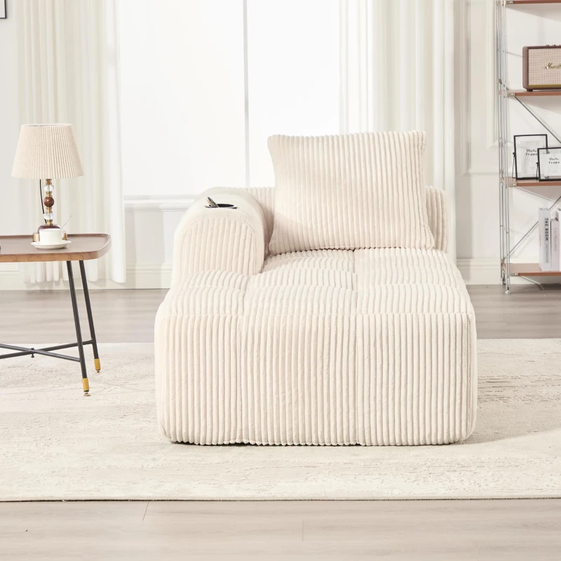 Bequemes Cordsofa mit Rückenlehne, seitlichen Aufbewahrungstaschen für Fernbedienung und Handy, eingebauter Getränkehalter, 158X93X61 cm, Beige