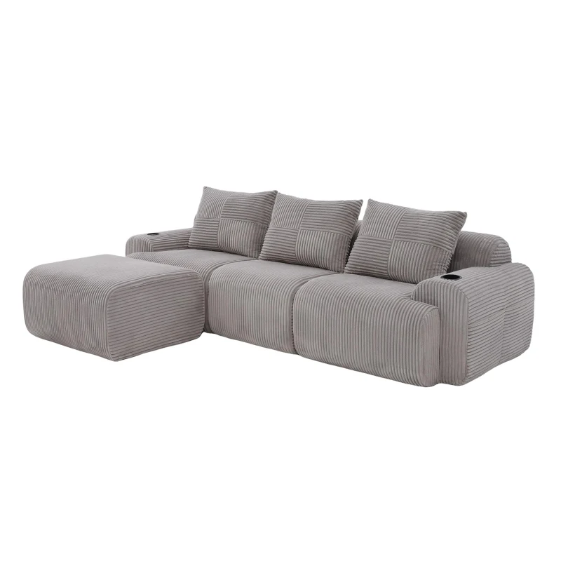 Modulares Cordsofa für drei Personen (inklusive Fußschemel), frei kombinierbar, ausgestattet mit Getränkehaltern und seitlichen Aufbewahrungstaschen, 268L x 174B x 80H cm, Hellgrau