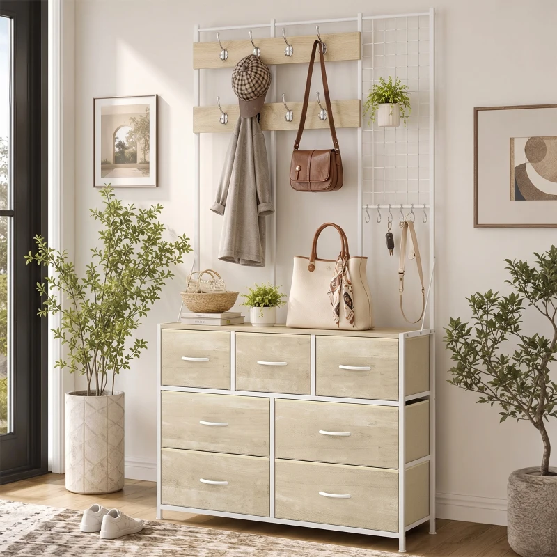 HOMCOM Cuier 4-în-1, Mobilier de Intrare cu 7 Sertare Pliabile din Material Textil, 14 Cârlige și Panou Grilaj, Stejar