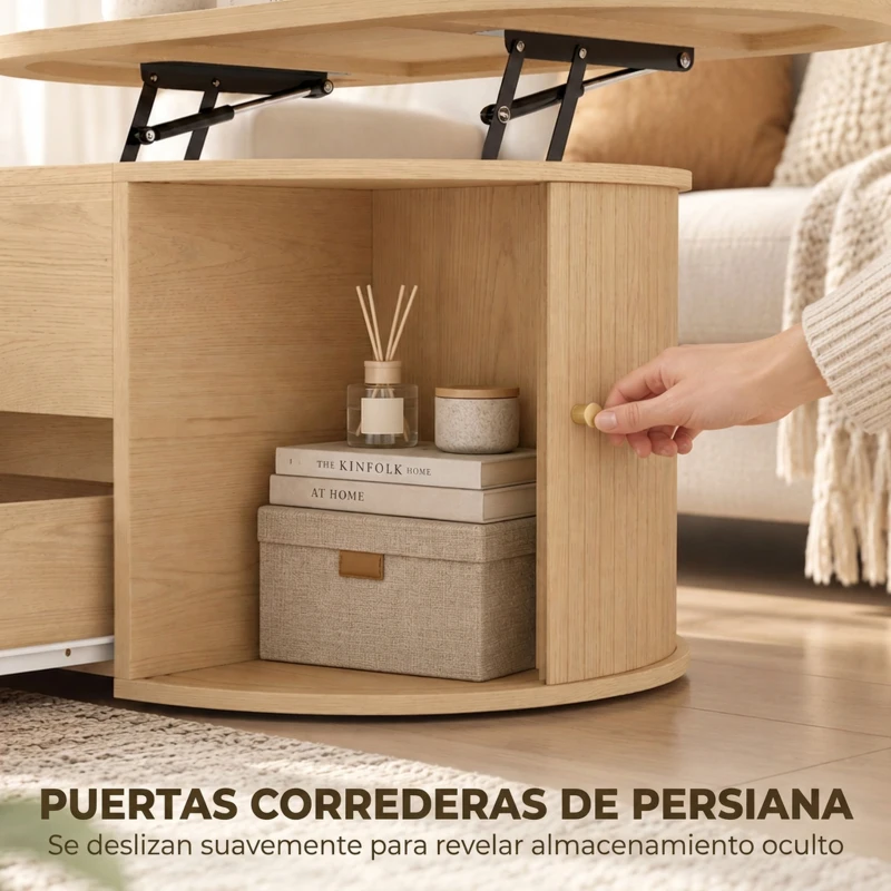 HOMCOM Mesa de Centro Elevable con Almacenaje Compartimento Oculto Cajón Acanalado y Puertas Correderas Tipo Persiana Roble