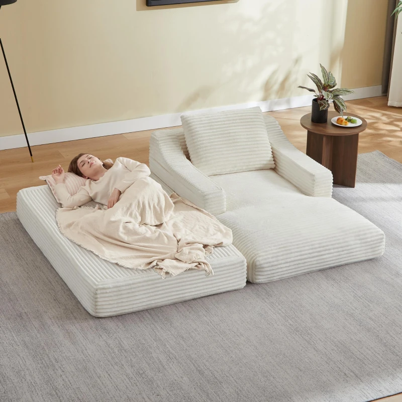 Knochenloses Cord-Freizeitsofa, doppellagiges Design, kann in ein Bett gefaltet werden, 100L x 160B x 64H cm,Weiß