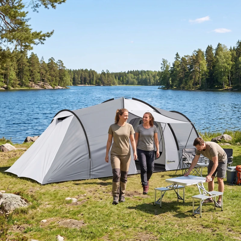 Outsunny Tienda de Campaña Familiar para 4 Personas con 2 Ventanas y Bolsa de Transporte Impermeable Anti-UV 590x245x193cm Gris
