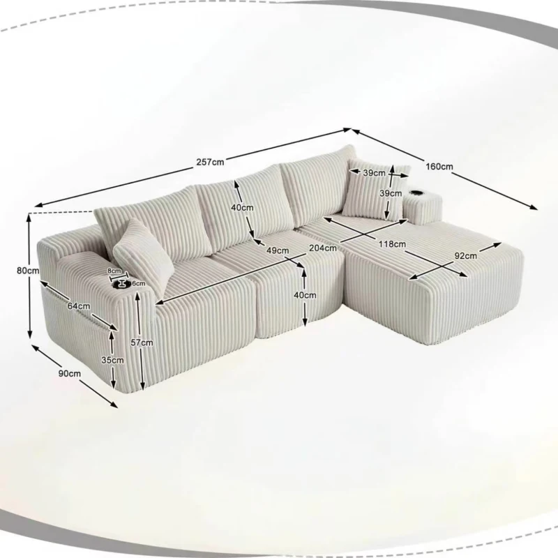 Modulares Sofaset mit Liegestühlen und Doppelbetten, 5 Kissen und 2 Getränkehaltern， 257×160×62 cm, Beige