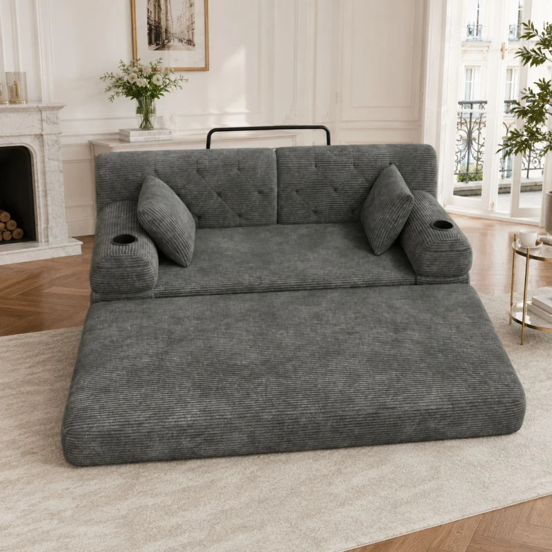 Doppeltes komprimiertes Cordsofa, Metallrahmen, 2 Becherhalter und 4 Seitentaschen, 168L x 80B x 81H cm, Dunkelgrau
