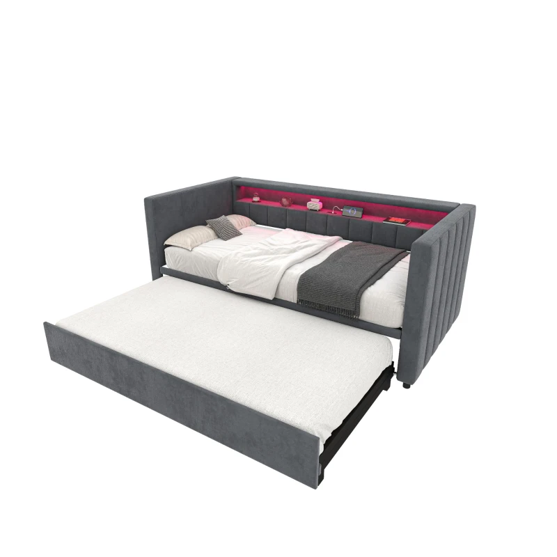 Multifunktionales Schlafsofa 90.5x190.5 cm, mit ausziehbarem Bett, USB-Typ-C-Anschluss und LED-Beleuchtung, 201L x 100-192B x 73H cm, Dunkelgrau