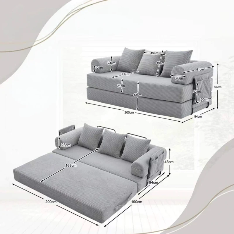 Faltbares Kompressionssofa mit stabilem Metallrahmen, Seitentaschen plus 3 Kissen, 200L x 94B x 67H cm,Hellgrau