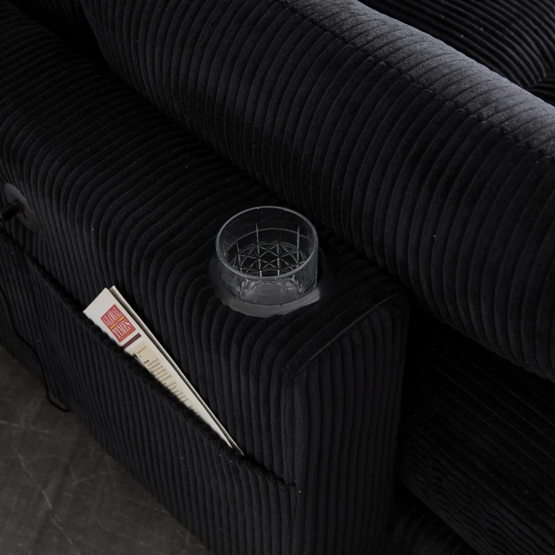Das schwarze Cord-Doppelsofa verfügt über 2 Kissen, 4 Becherhalter und 4 Seitentaschen, kann in zwei unabhängige Sitze geteilt werden, 224L x 140B x 81H cm , Schwarz