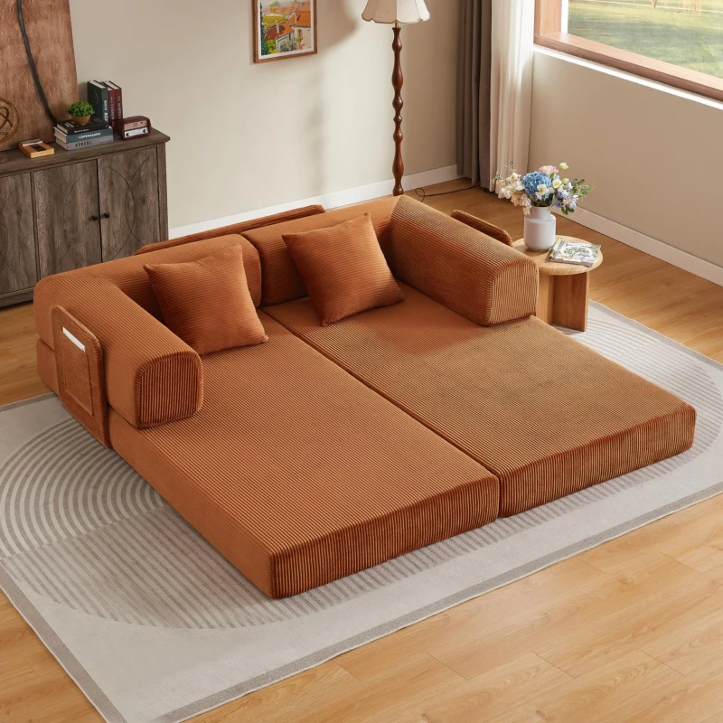 Knochenloses modulares Sofa, umbaubar in ein Bett, umfasst 2 Polster und einen Stahlrahmen, 204L x 97B x 65H cm,Terrakotta
