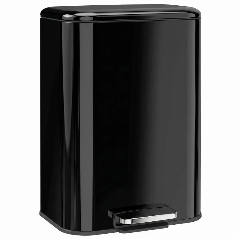 HOMCOM 50 L Kitchen Pedal Bin, Metal Rubbish Bin with Removable Inner Bucket, Soft-Close & Stay-Open Lid, High Gloss Black