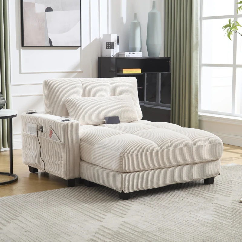 Palm-Sessel mit austauschbaren linken und rechten Armlehnen, drei Becherhaltern und einer Seitentasche, USB-Anschlüssen an den Seitenlehnen, 140L x 112B x 81H, Beige