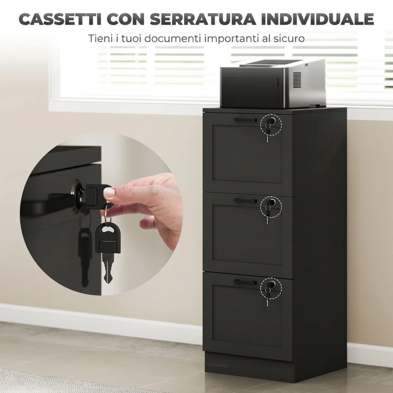HOMCOM Cassettiera Portadocumenti a 3 Cassetti con Serrature e Spazio per Stampante, in Legno, 40x40x101 cm, Nero