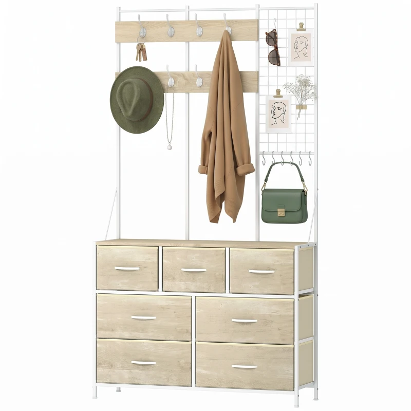 HOMCOM Porte-Manteau 4 en 1, Meuble d'Entrée avec 7 Tiroirs Pliables en Tissu, 14 Crochets et Panneau Grillagé, Chêne