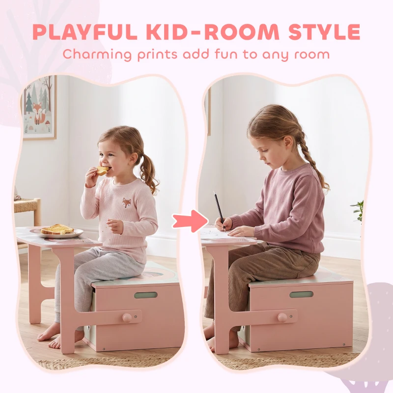 AIYAPLAY Coffre à Jouet Enfant 3 en 1, Ensemble Table et Chaises avec 2 Bacs en Tissu Amovibles et Poignée, 3-6 ans, Rose