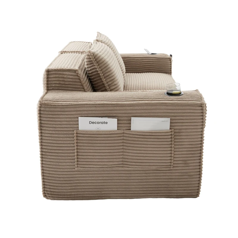 Modulares Doppelsitz-Cordsofa mit Becherhaltern und Seitentaschen, Federkern und hochdichtem Schaumstoff, 188L x 90B x 75H cm, Khaki