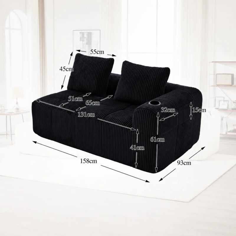 Bequemes Cordsofa mit zwei Sitzern, seitliche Aufbewahrungstasche für Fernbedienung und Handy, eingebauter Getränkehalter, 158X93X61 cm, Schwarz