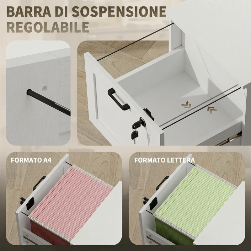 HOMCOM Cassettiera Portadocumenti a 2 Cassetti con Serrature e Spazio per Stampante, in Legno, 40x40x71 cm, Bianco