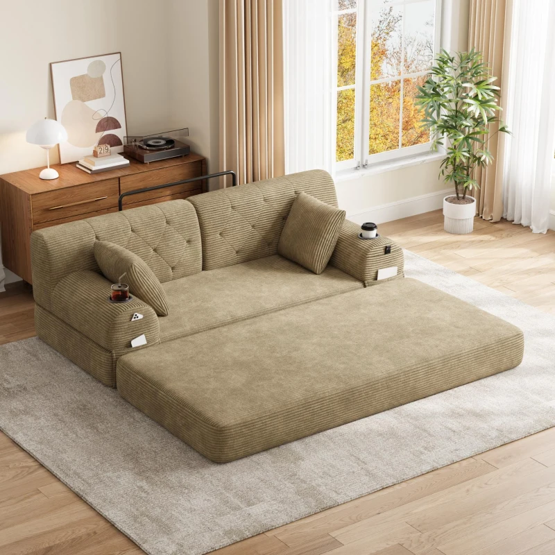 Doppeltes komprimiertes Cordsofa, Metallrahmen, 2 Becherhalter und 4 Seitentaschen, 168L x 80B x 81H cm, Khaki