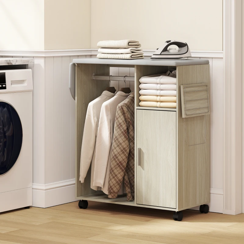 HOMCOM Mobile Asse da Stiro con Piano d'Appoggio Effetto Lino, 3 Ripiani a Cubo e Guida, 127x42.5x99 cm, Multicolore