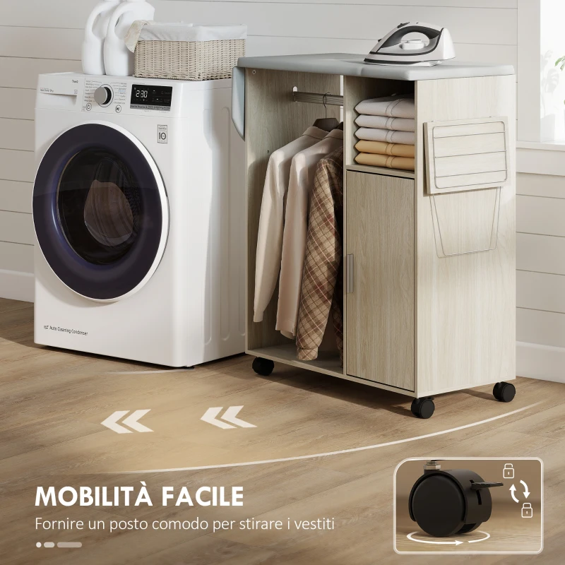 HOMCOM Mobile Asse da Stiro con Piano d'Appoggio Effetto Lino, 3 Ripiani a Cubo e Guida, 127x42.5x99 cm, Multicolore