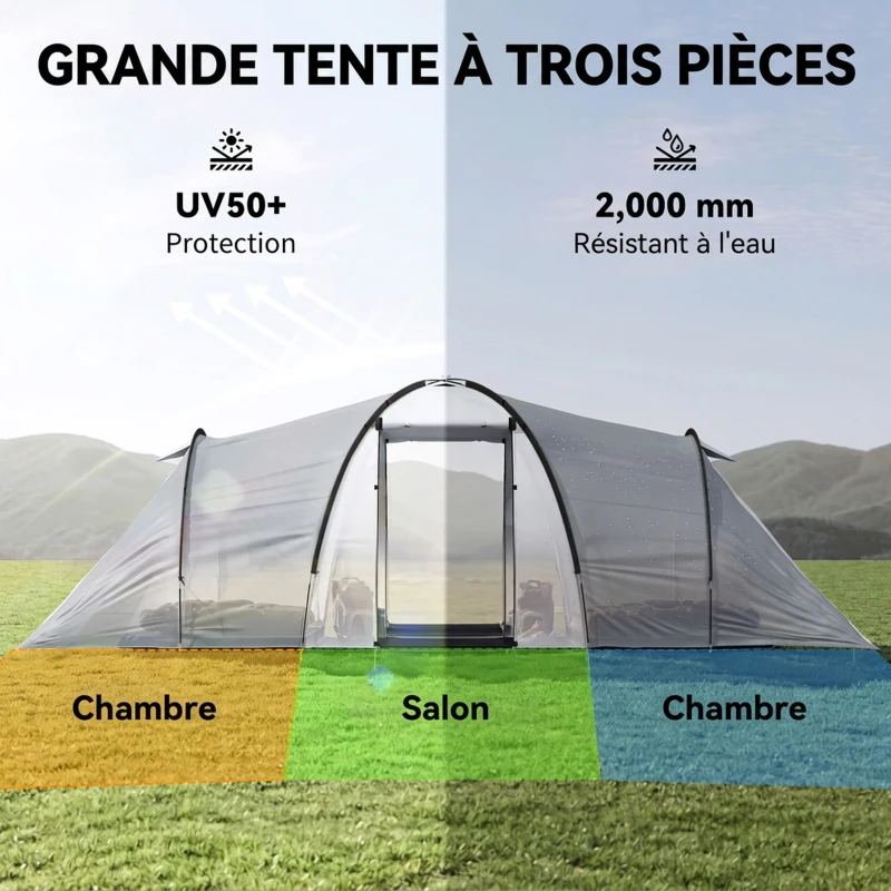 Outsunny Tente de camping familiale 4 personnes dôme 2 chambres 1 séjour et 1 auvent anti-UV Imperméable 2000 mm multicolore