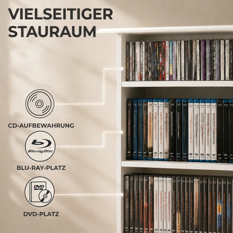 HOMCOM Smalle mediakast, 8 niveaus, 6 verstelbare legplanken, 8 vakken, voor 360 cd's, wit