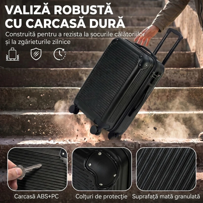 HOMCOM Valiză Cabină Rigidă 48L, Extensibilă, cu 4 Roți, Compartiment Laptop și Încuietoare TSA, 56x36x24 cm, Negru