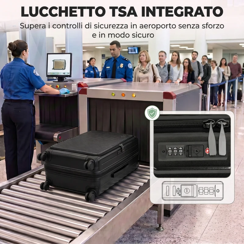 HOMCOM Valigia Rigida Media 71L Espandibile con 4 Ruote e Lucchetto TSA, 43x28x66 cm, Nero