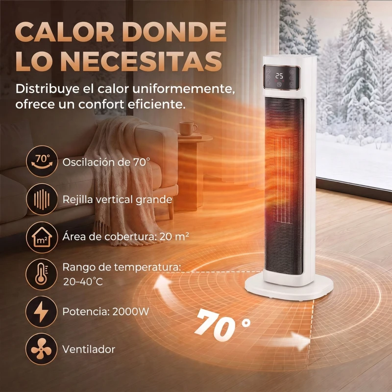 HOMCOM Calefactor Eléctrico Cerámico PTC 2000W con 4 Modos Control Remoto Protección Contra Sobrecalentamiento y Vuelcos