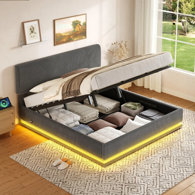 Modernes, gepolstertes Bett misst 160 x 200 cm, ausgestattet mit LED-Lichtern und USB-C-Lade, verstellbarer Kopfteilhöhe, stabilem gestreiftem Bettrahmen, 161L x 207B x 102/107/112H cm, Dunkelgrau