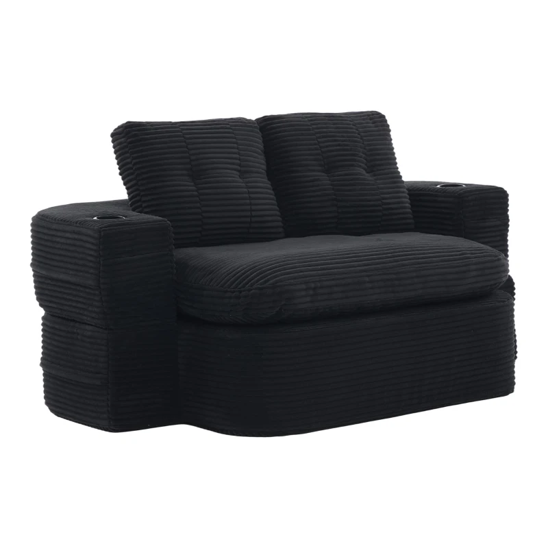 2-in-1 Cordsofa mit verstellbarer Funktion, 2 Getränkehaltern, hohe Rückenlehne und extra tiefe Sitzfläche, 165L x 97B x 61H cm,Schwarz
